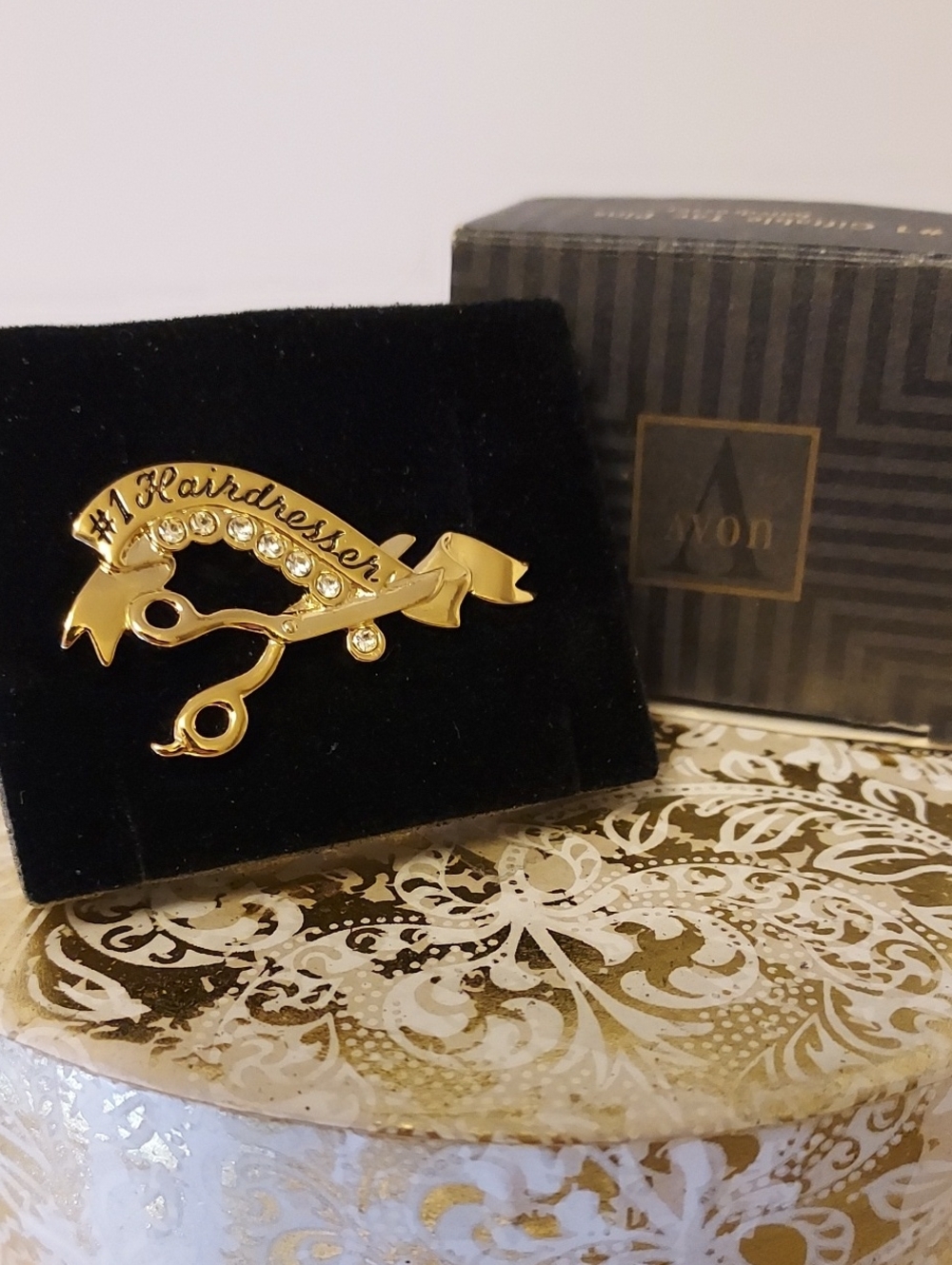 Avon #1 Hairdresser Tac Pin Rhinestones With Original Box